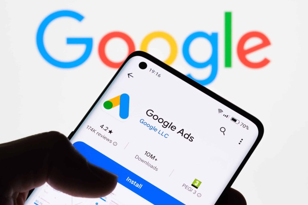 Google Ads interface with e-commerce products and a map of Pakistan, symbolizing targeted online advertising